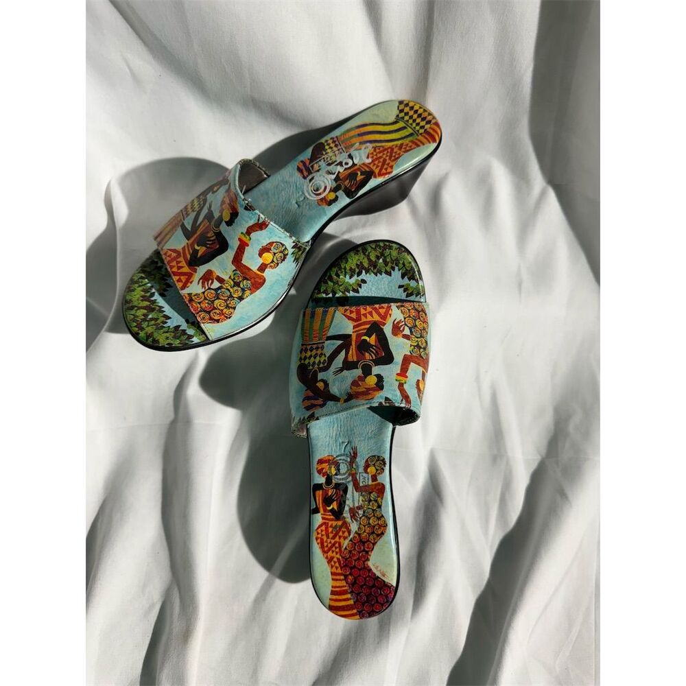 Gustav Klimt Inspired Women's Leather Slip-On Sandals Multicolor sz 6